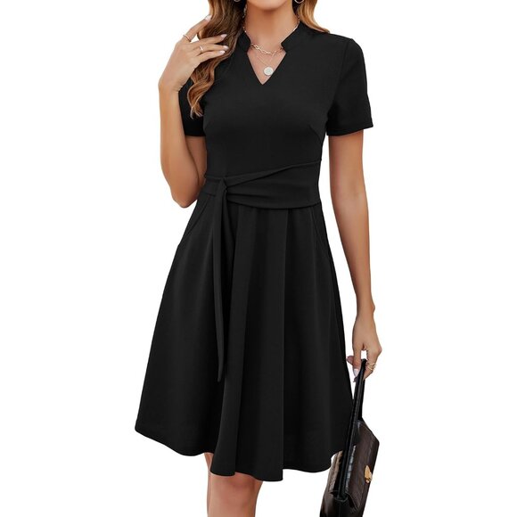 Women's V-Neck Fit and Flare Dress with Pockets Polyester Summer Casual Night - Picture 1 of 6